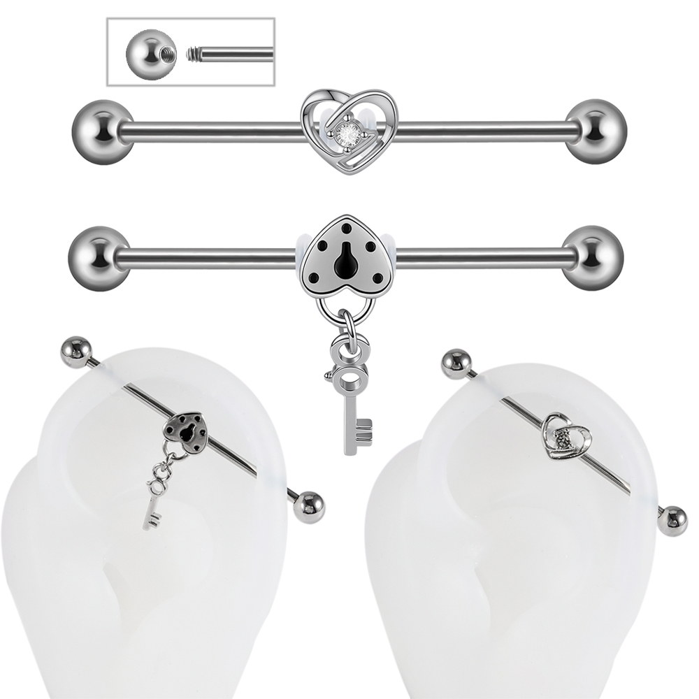 Body Jewelry Industrial - 1/2個入り CZハートロック＆キー型イヤリング、工業用バーベルスタッド、サージカルスチール製ダブルホールローブヘリックスピアス、ボディジュエリー