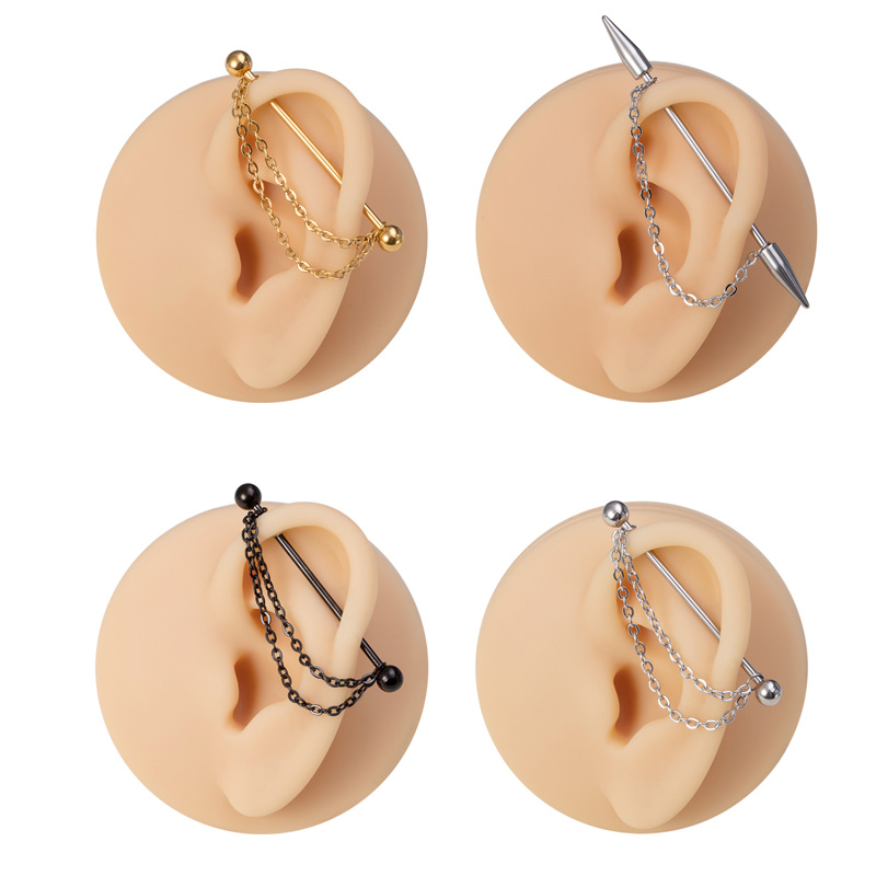 Body Jewelry Industrial - チェーン軟骨イヤリング付き1pc工業用ピアスバーベルロングイヤースタッドヘリックス外科用鋼棒女性用男性用ボディジュエリー