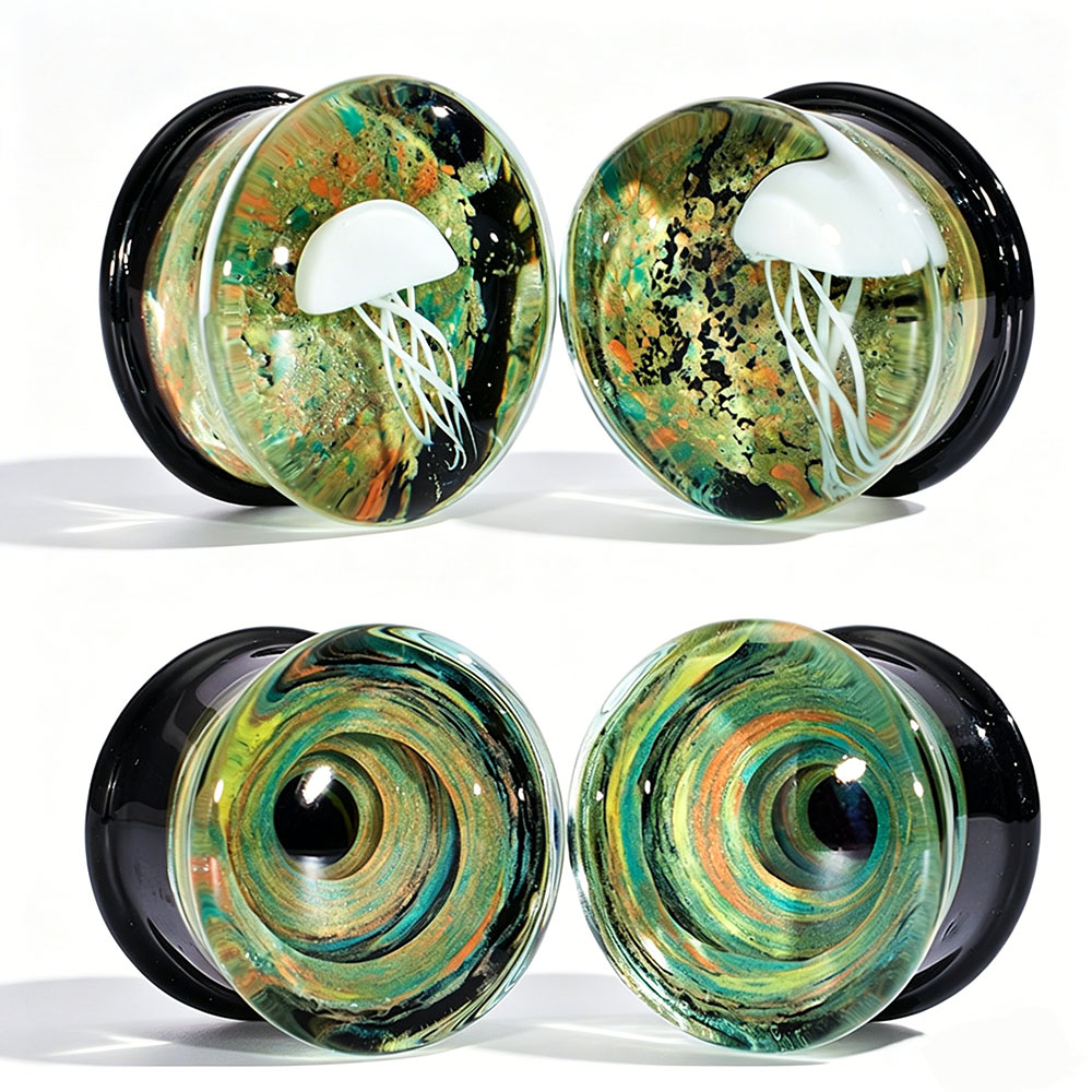 Body Piercing Quality Jewelry - ペア高品質ガラス製ボルテックス耳栓 クラゲ型耳ゲージ 透明ヘビーウェイトエキスパンダー ストレッチャー ピアスジュエリー イヤリング