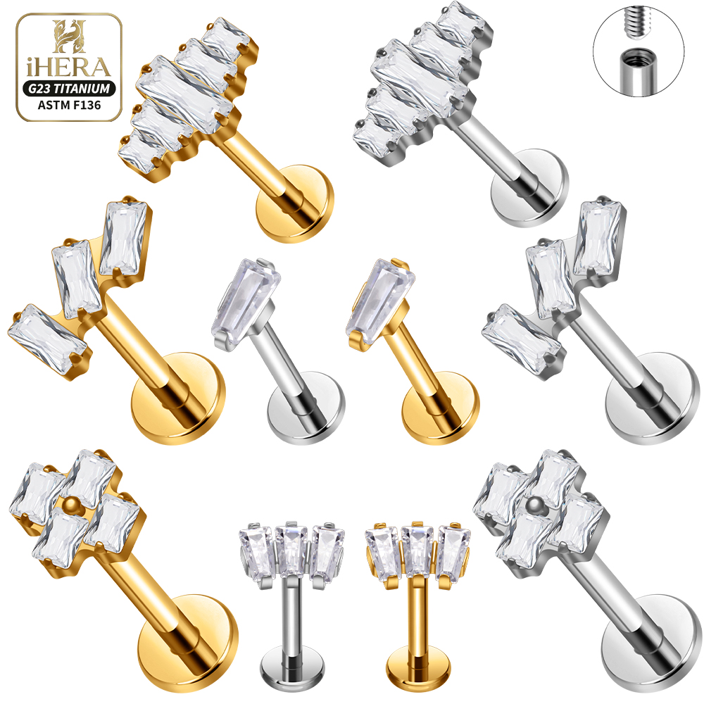 Flat Back Labret Stud - ASTM F136規格チタン製ピアス、バゲット型幾何学模様クラスターフラットバックラブレット、耳軟骨用ジュエリー、コンチ、ヘリックス、トラガス、ローブピアス