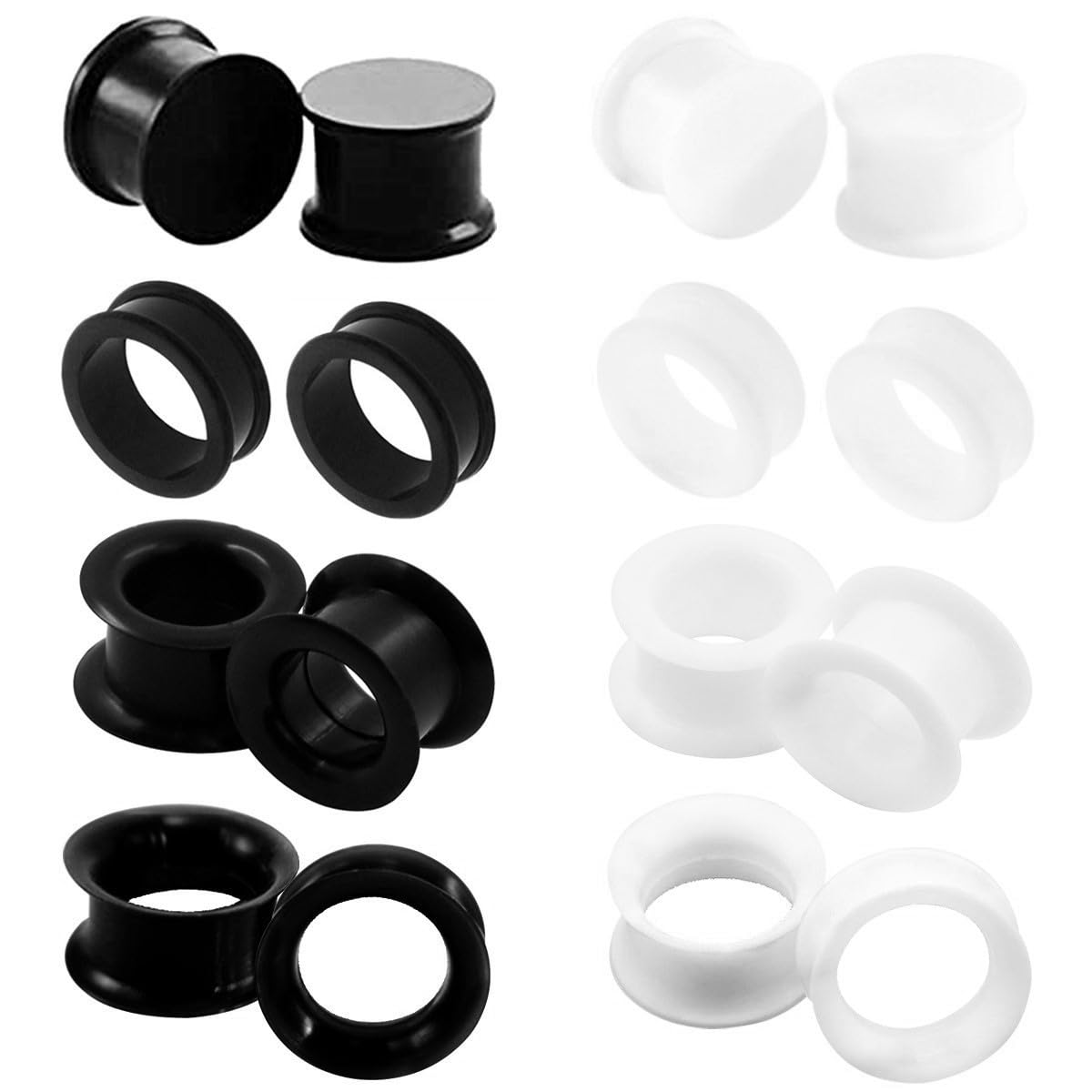 Body Jewelry Types - 厚いフレキシブルシリコンイヤープラグ,イヤーエキスパンダー用の肉トンネルゲージ,ローブピアス,さまざまなタイプ,白と黒,サイズ4〜20mm, 2個,16個