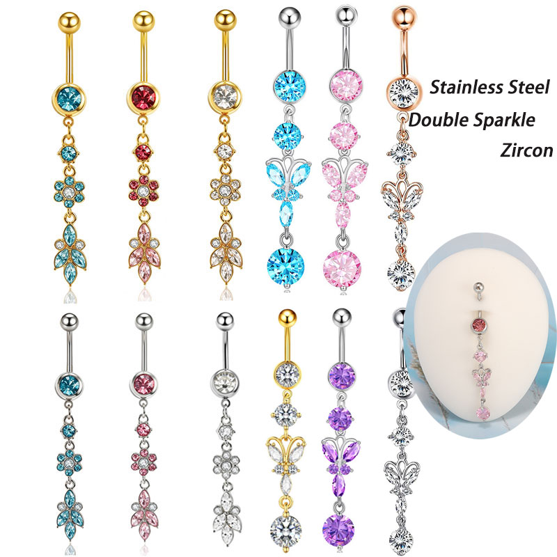 Body Jewelry Co - 1個入りミックススタイルダングルベリーボタンリングステンレススチールカーブバーベルフラワーバタフライタッセルへそピアスジュエリーマルチカラー