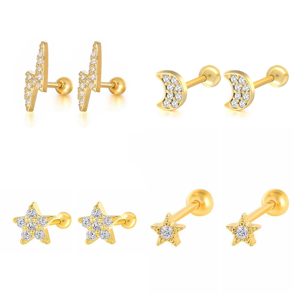 Flat Back Labret Stud - 星と月のスタッドが付いたイヤリング,女性用,韓国のファッション,ゴールドカラー,ジルコニア,ヘリックス耳珠,ピアス,モダンなボディジュエリー