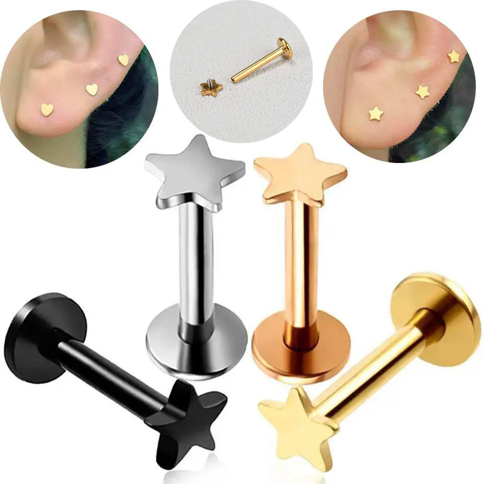 Flat Back Labret Stud - 16 グラムピアスチタン鋼雌ねじラブレットフラットスターハートトップ珠ヘリックス軟骨イヤリング男性鼻スタッドボディジュエリー