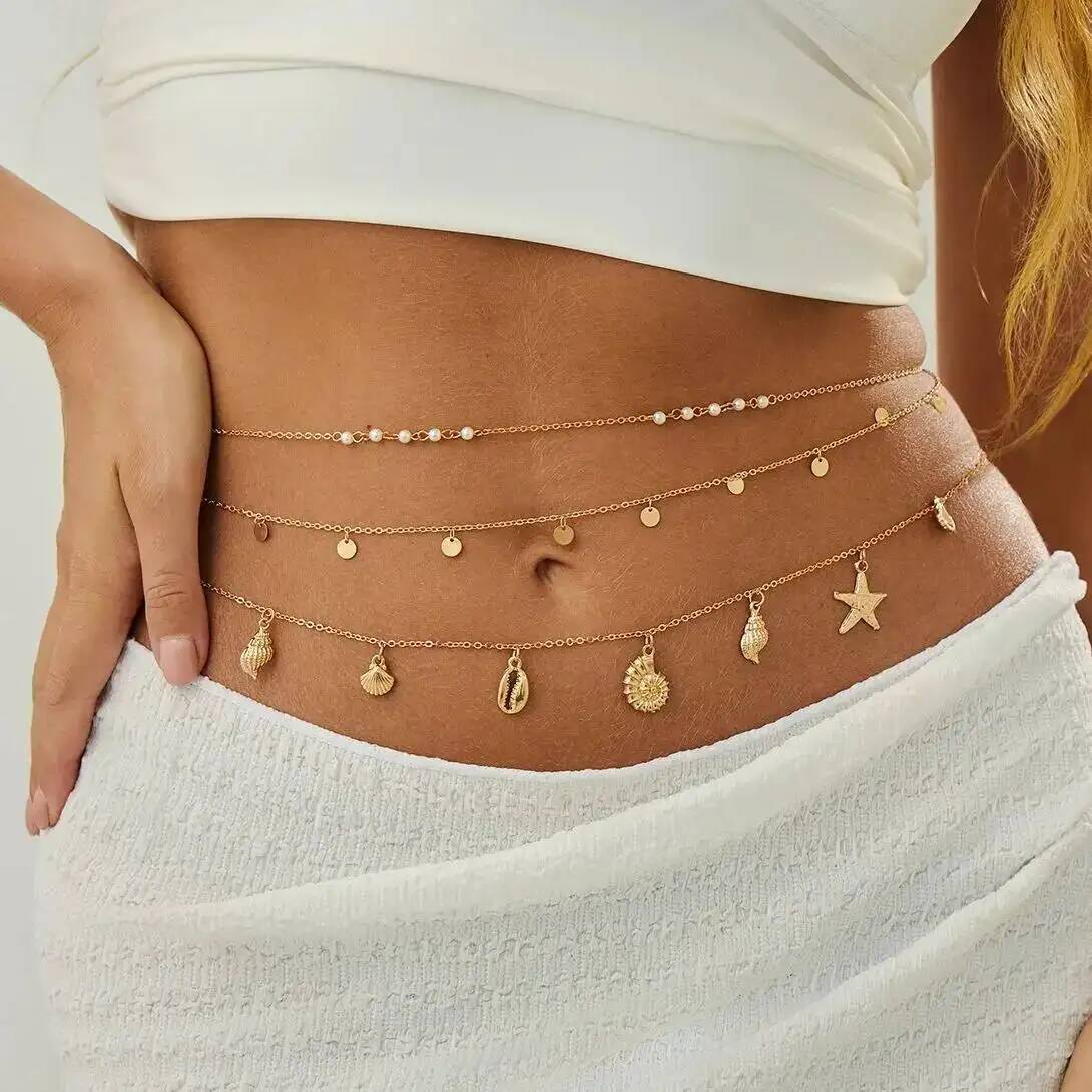 Body Jewelry In Bulk - IngeSight.Z 3 ピース/セット自由奔放に生きるヒトデ巻貝ペンダントウエストベリーチェーン女性の夏のビーチセクシーなビキニベルトボディジュエリーアクセサリー