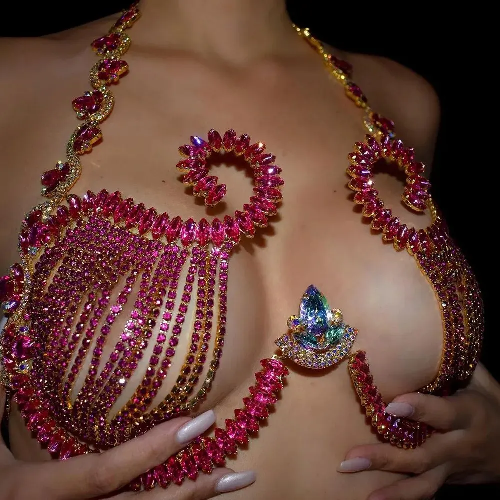 Body Jewelry Retainers - 女性のためのピンクのクリスタルの胸のサポート,ナイトクラブの衣装,binit,ラインストーン,チェーン,ドレス,ジュエリー,セクシーなトップアクセサリー