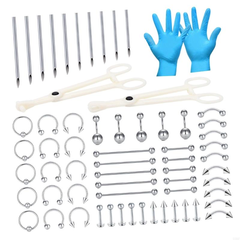 Body Jewelry Industrial - 完全な 64 個のピアスジュエリーキットには、リップリング、ラブレットスタッド、バーベルが含まれます E0BF