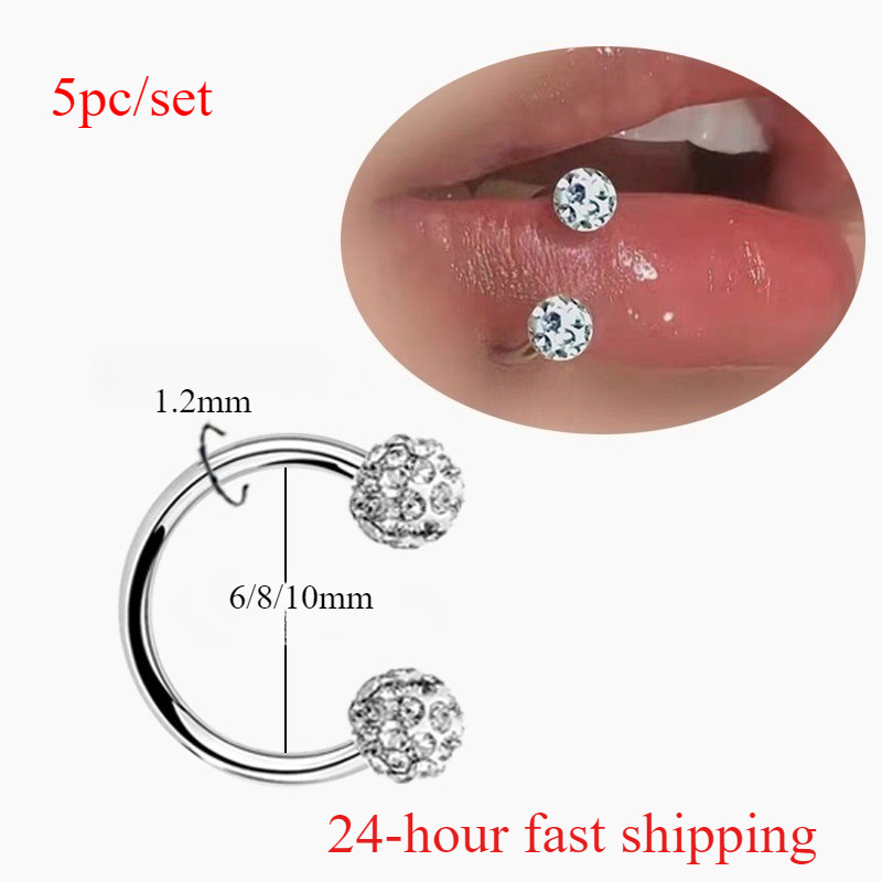 Body Jewelry Types - 5個のステンレススチールラインストーンボールスパイラルリップリングパンクスタイルCタイプリップスタッド、女性用デイリーパーティーウェアジュエリーギフト