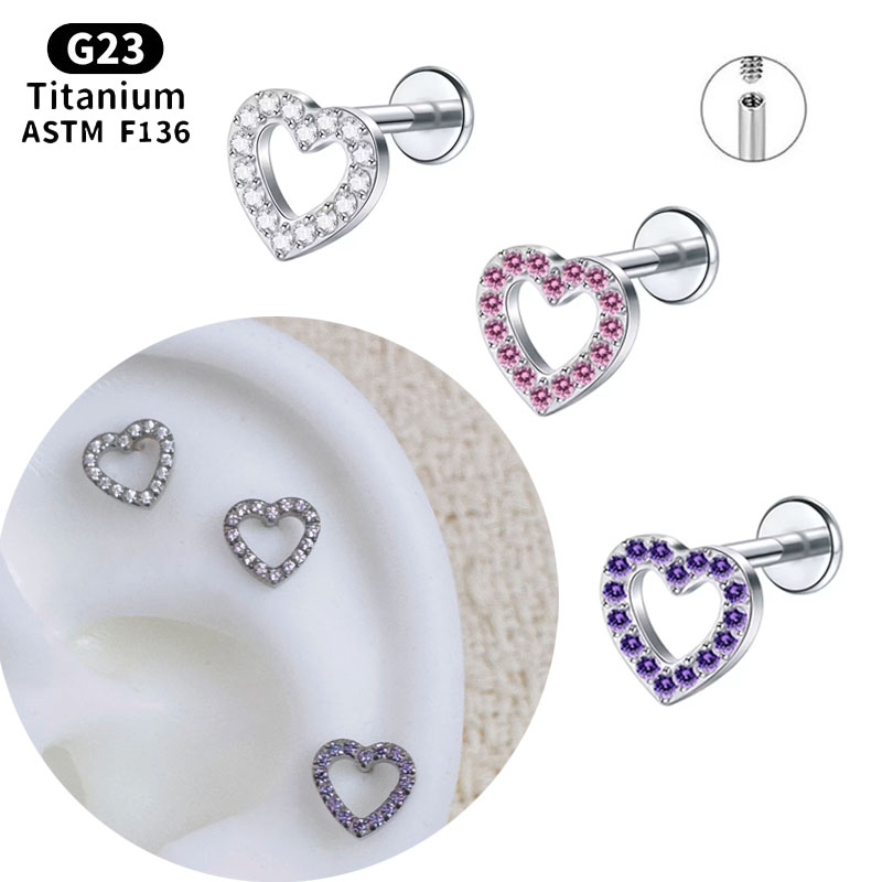 Flat Back Labret Stud - ノリヤン ASTM F136 チタン製 ミニCZハート軟骨ピアス 16G