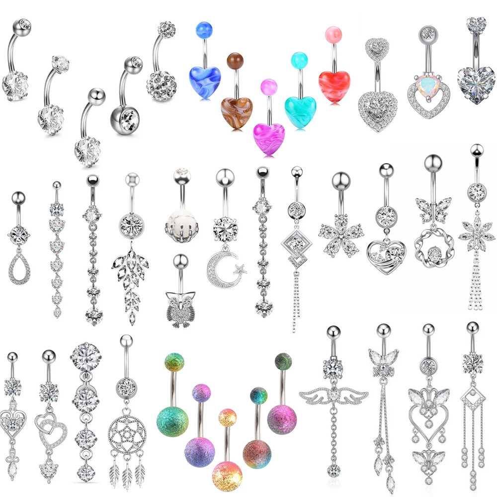 Body Jewelry In Bulk - ステンレス鋼のへそピアスセット,花,ハート,蝶,ぶら下がり,へそ,バー,セクシー,バルク,14g, 3〜5個セット