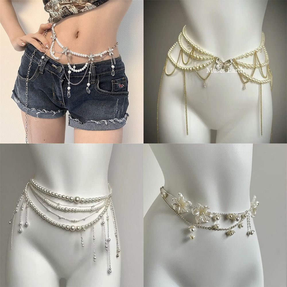 Body Jewelry In Bulk - ファッションエレガントなパールウエストチェーンウエストアクセサリー多用途フローラルベリーチェーンボヘミアンヒップチェーン女性用
