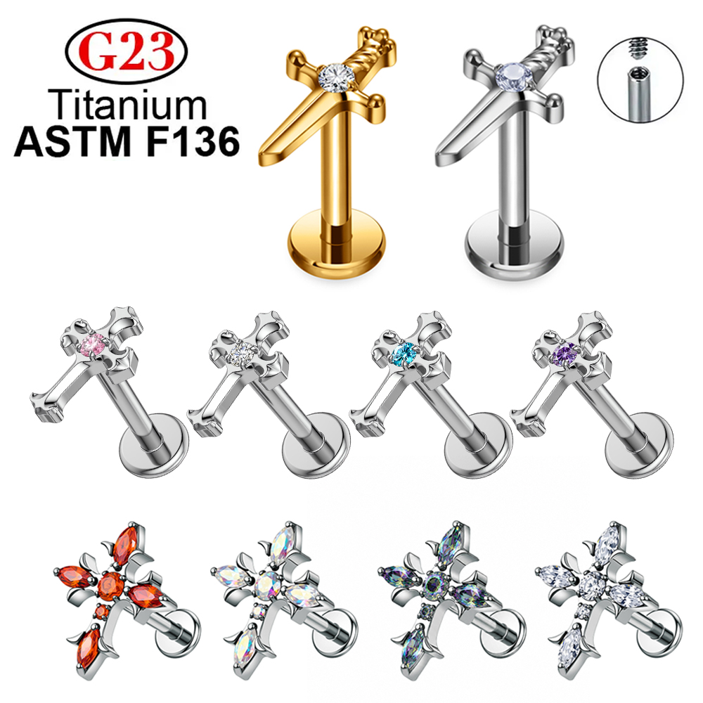 Flat Back Labret Stud - ASTM F136規格チタン製CZクロススタッドピアス 16G フラットバック ラブレット リップスタッド
