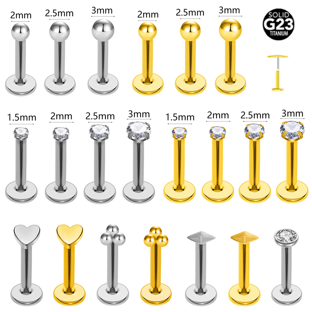 Flat Back Labret Stud - ASTM F136 G23 チタンボール珠イヤリングスレッドレスピアスハートキュービックジルコニアピン Daith Conch