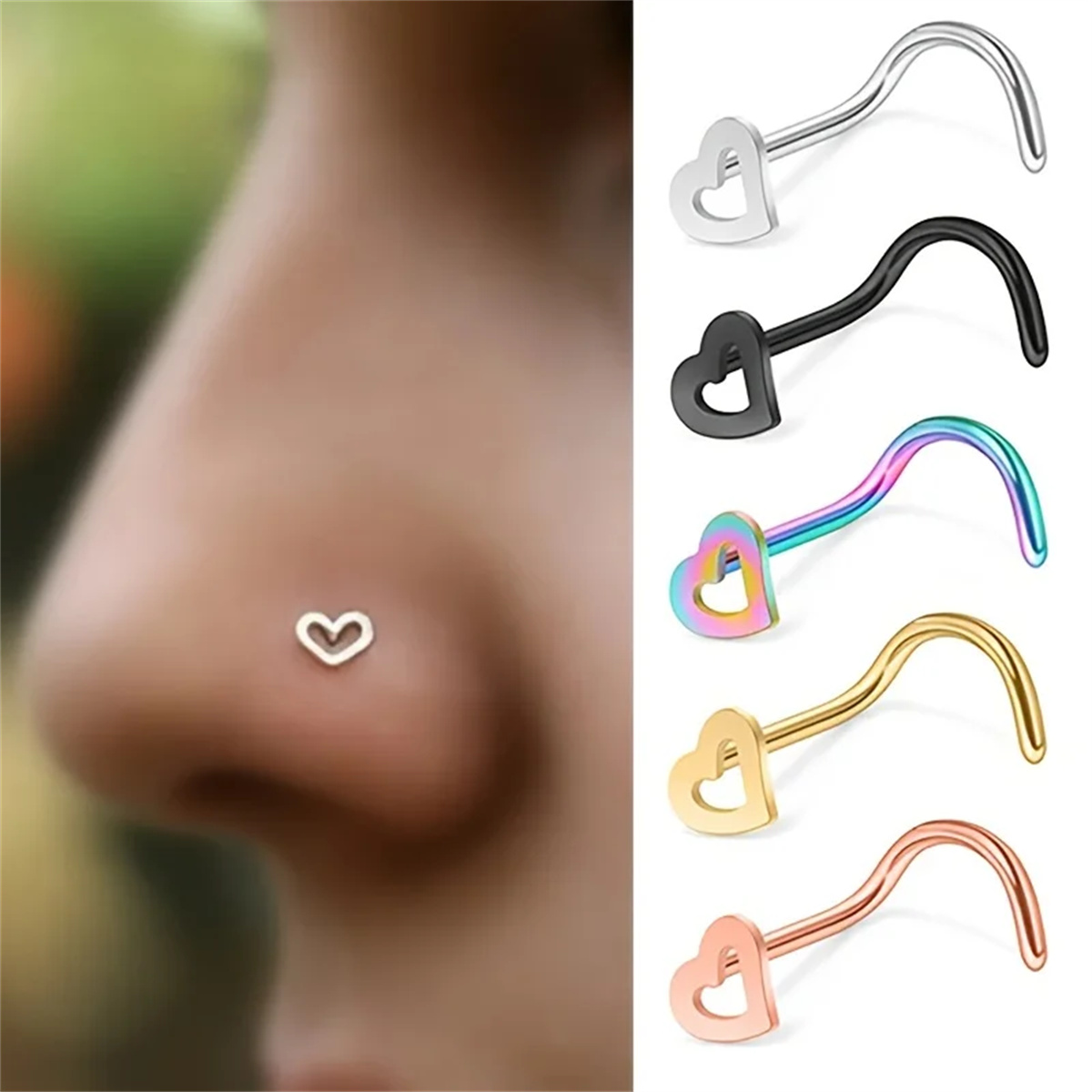 Body Jewelry Types - EVISPOL 5 個ファッション中空ハート形ステンレス鋼鼻スタッド女性用鼻孔ピアス鼻リングスクリュータイプボディジュエリー