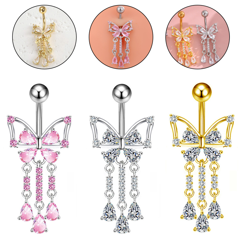 Body Piercing Quality Jewelry - 高品質の銅とCZバタフライのベリーボタンリング、女性用ステンレス鋼ベリーピアスジュエリー、ファッショナブルなへそピアス