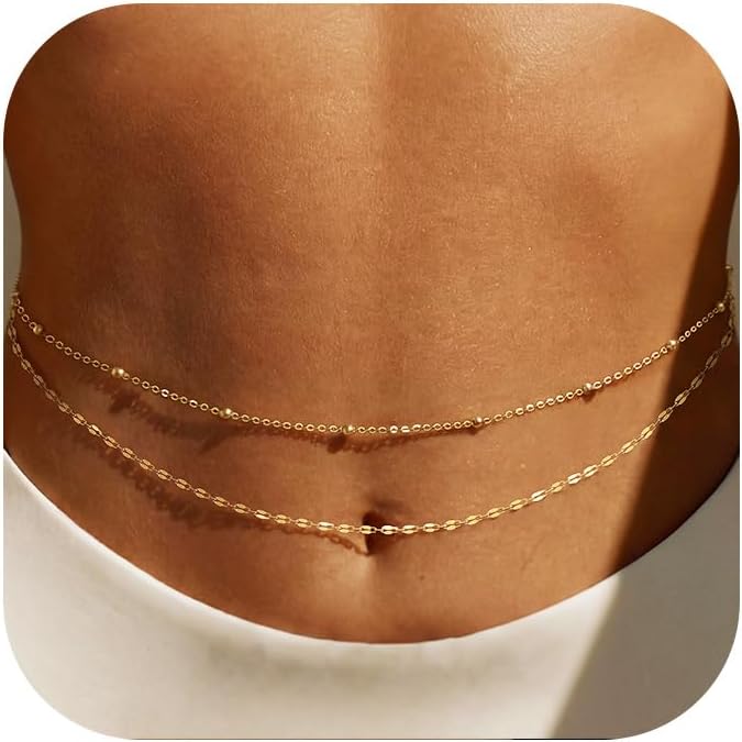Body Jewelry In Bulk - 14K金メッキウエストチェーン、女性用レイヤードウエストビーズ、ベリーボディゴールドチェーンベルト、防水サマービーチジュエリー（ビキニ用）
