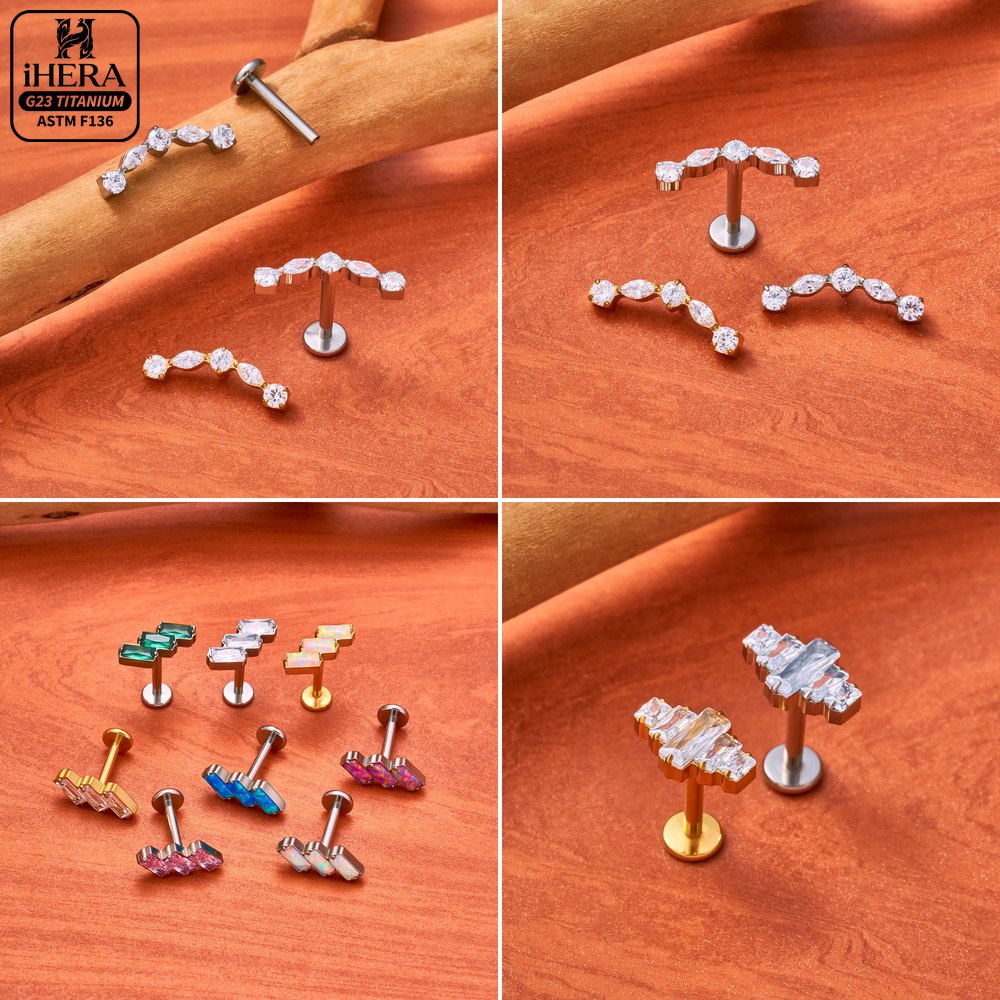 ASTM F136規格チタン製ピアス、バゲット型幾何学模様ク - Flat Back Labret Stud のレビューと価格