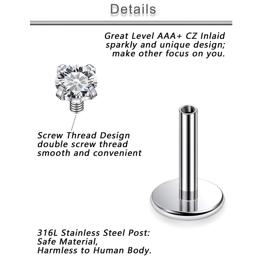 13 個ラブレットピアスセットサージカルスチール CZ ジル - Flat Back Labret Stud のレビューと価格